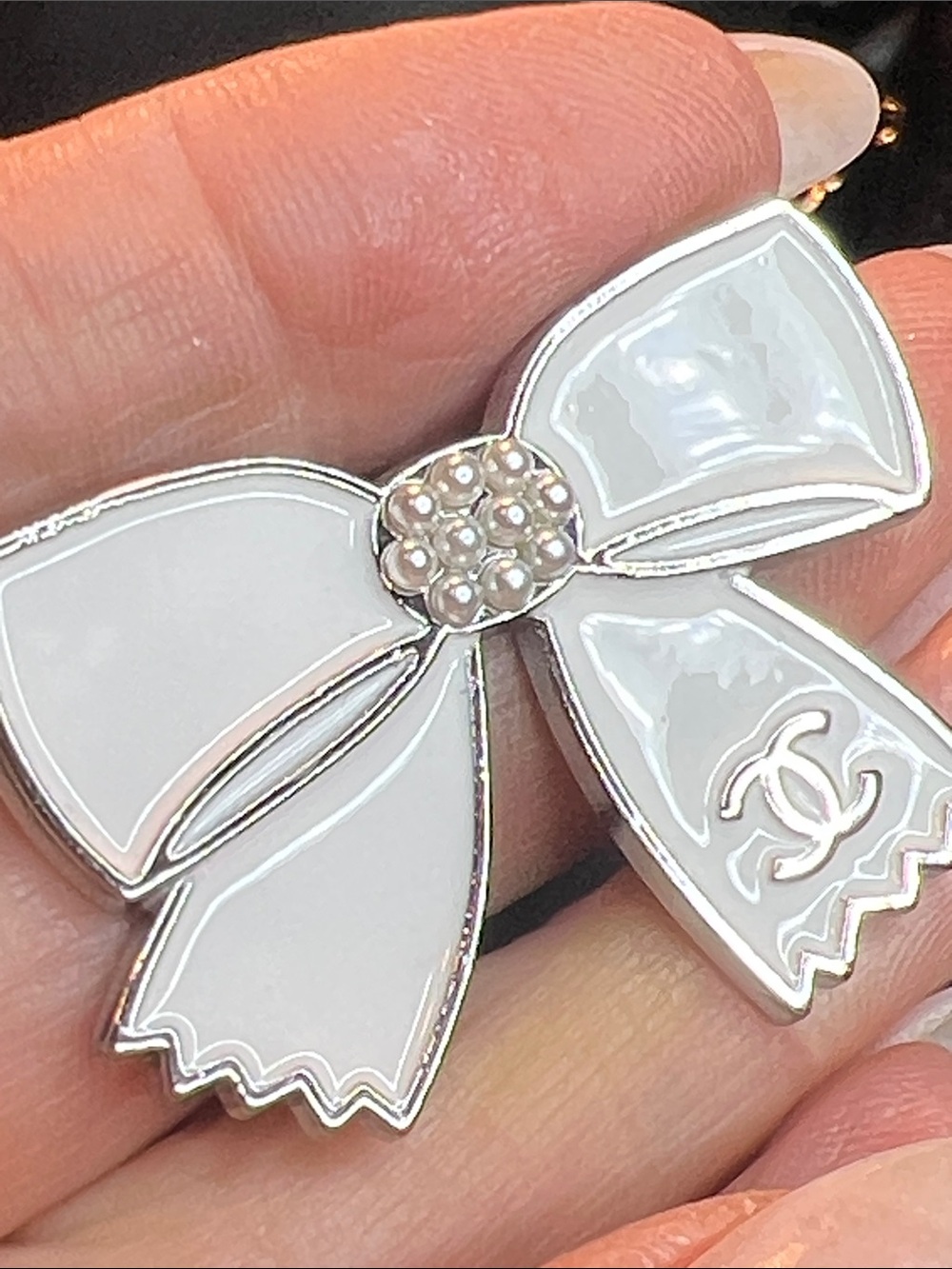 White Enamel Bow Brooch with Pearl Center - Designer-Inspired